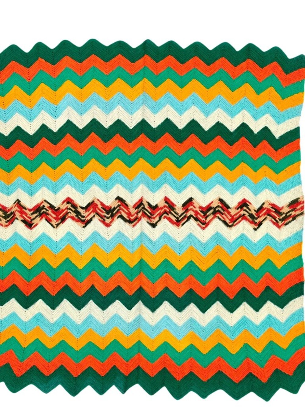 Vintage Handmade Chevron Afghan Blanket Multicolor Crochet 1970s Zigzag Pattern
